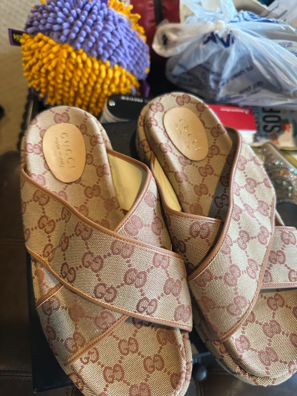 Gucci Beige & Pink Monogram Cross-Band Slide Mules